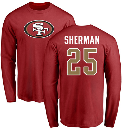 Men San Francisco 49ers Red Richard Sherman Name and Number Logo #25 Long Sleeve NFL T Shirt->san francisco 49ers->NFL Jersey